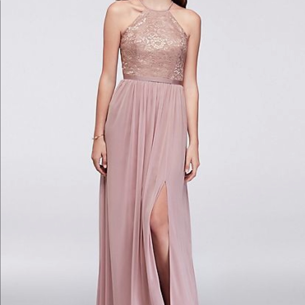 OPEN-BACK METALLIC LACE AND MESH BRIDESMAID DRESS